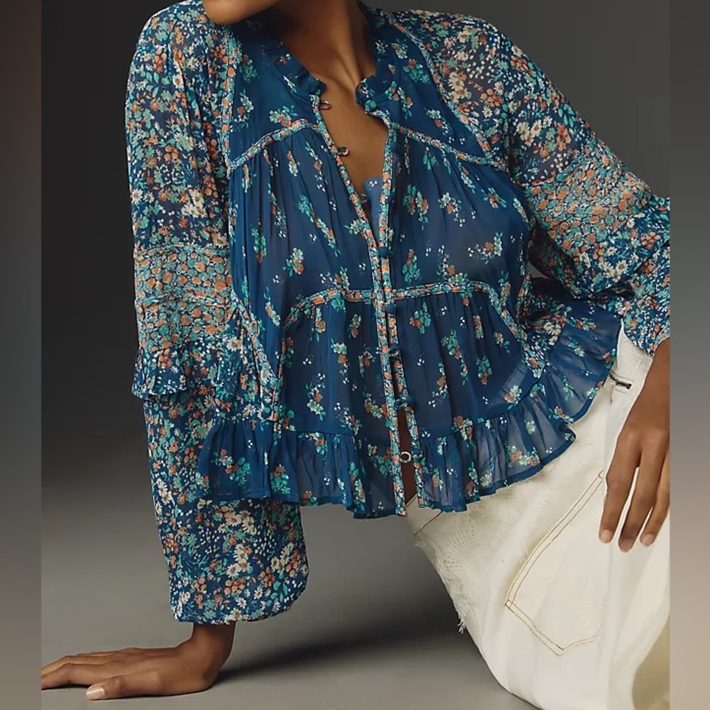 Anthropologie Navy Floral Ruffled Peasant Blouse - Picture 14 of 15